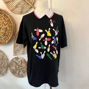 Vintage Bowling Graphic Shirt USA Jerzees Pins Novelty Polo Tee Size L